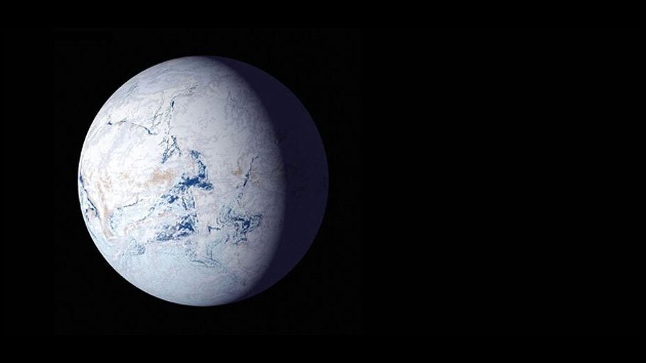 An artist illustration of a ‘snowball Earth’. Image credit: NASA.
https://astrobiology.nasa.gov/news/sustaining-aerobic-eukaryotes-on-snowball-earth/